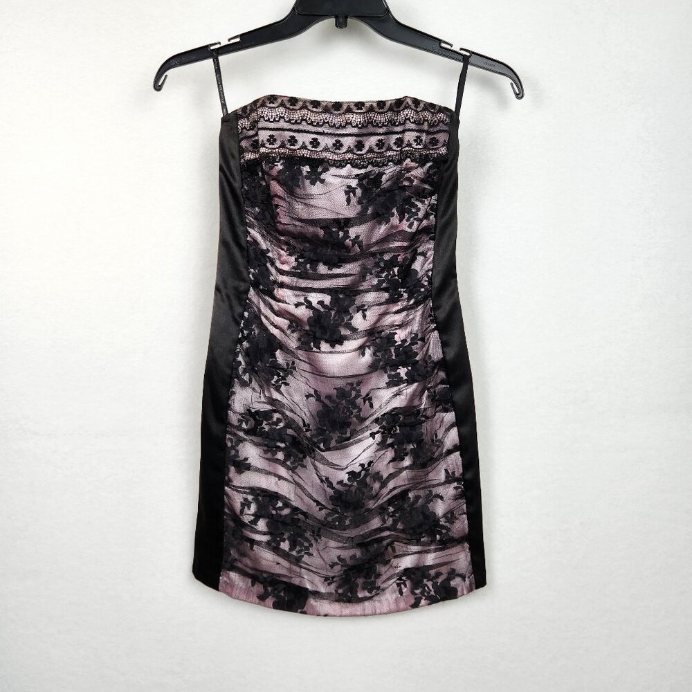 Vintage Jessica McClintock Gunne Sax Strapless Dress Size 5 Black Lace Pink